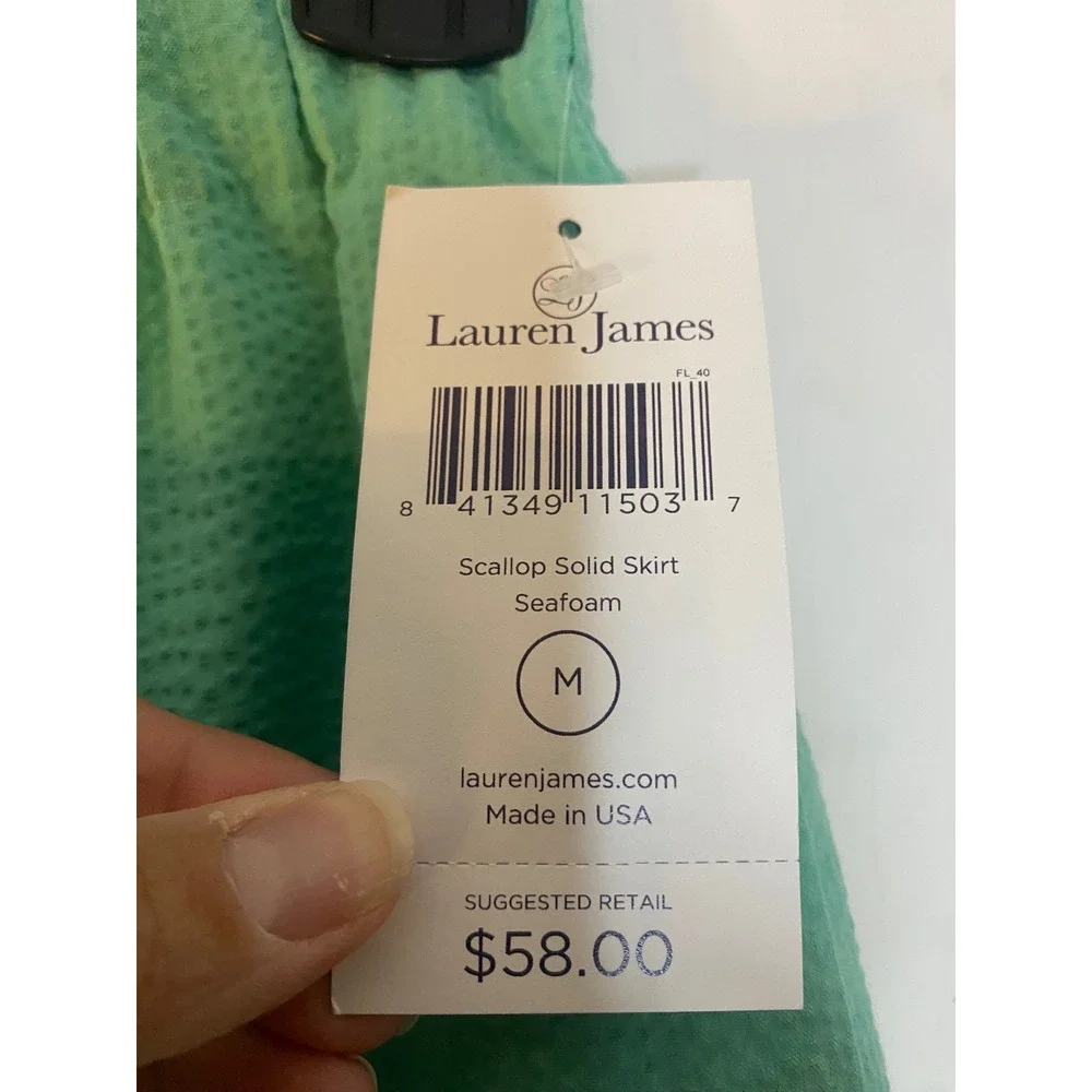 NEW Lauren James Scallop Solid Skirt Seafoam Green Seersucker Mini Pockets Med